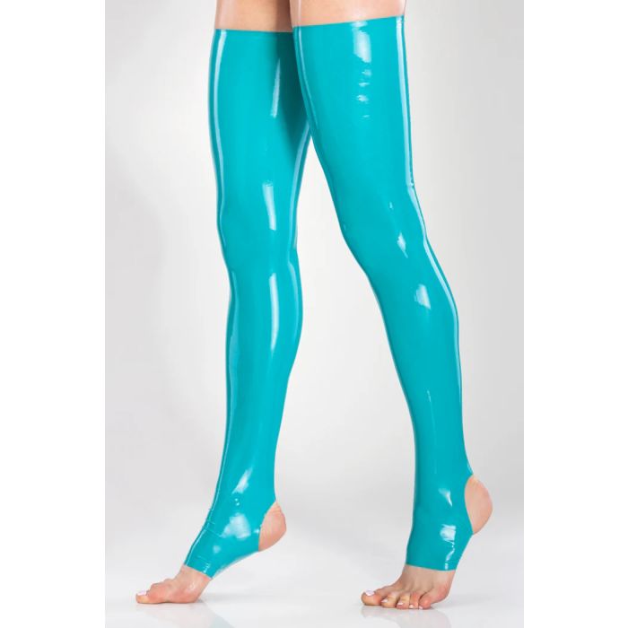 Sexy glänzende Latexstrümpfe mit Fesselriemen. Sie können entweder alleine als halterlose Strümpfe oder mit Strapsclips getragen werden. Der obere Teil und die Aussparungen für Ferse und Zehen sind mit Besatz geklebt. Die Strümpfe auf dem Bild sind aus La